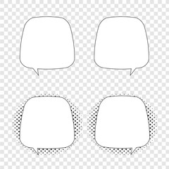 Retro empty comic bubbles and elements set with black halftone shadows on transparent background. Vector illustration, vintage design, pop art style.