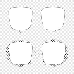 Retro empty comic bubbles and elements set with black halftone shadows on transparent background. Vector illustration, vintage design, pop art style.