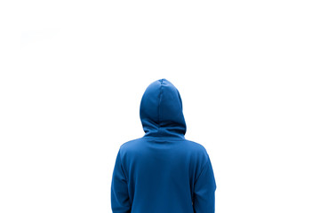 Abstract A Man in hood stand behind on white background with space for text or graphic design. back view look like a hacker man. - obrazy, fototapety, plakaty