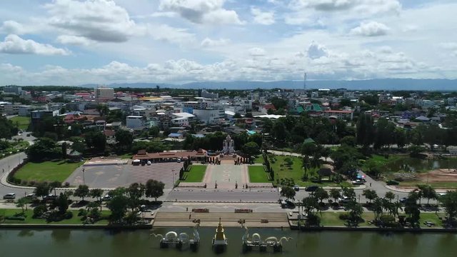 Aerial Footage of Phayao Lake, Phayao, Thailand, The Largest Lake in Northern Of Thailand. The Footage Showing the City View and Park Which is The Landmark of Phayao Province.