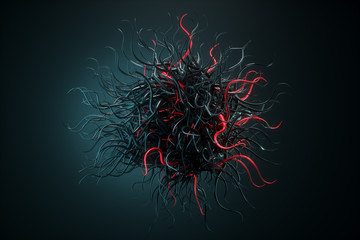 Sphere with chaotic structure, abstract molecule on a dark background, virus, bacterium, COVID-19. Futuristic shape with tentacles. 3D render, 3D illustration. - obrazy, fototapety, plakaty