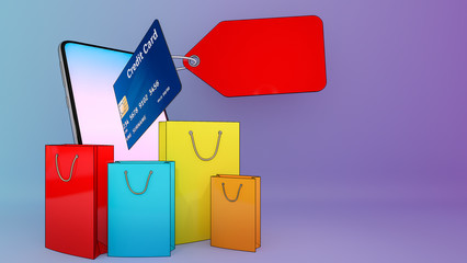 Credit card of ejected from a mobile phone and many shopping bag.,Online mobile application order transportation service and Shopping online and Delivery concept.,3D rendering.