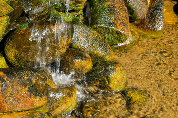 Closeup shot of crystal clear water hitting big stones covered with yellow and green lichen. Sun light reflection on stone surface.