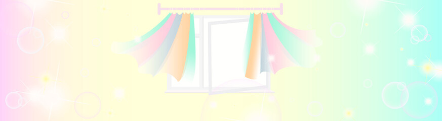 The background of a rainbow open window with curtains, from which a warm and magical light pours.