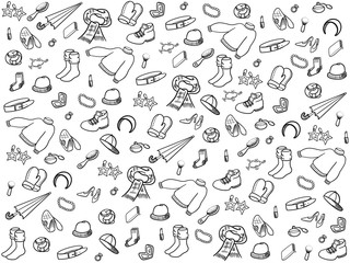 Hand draw outline pattern of fashion and accessories sets. Applicable for background, wallpaper, textile, advertise, package, wrap, backdrop, presentation, canvas pattern.