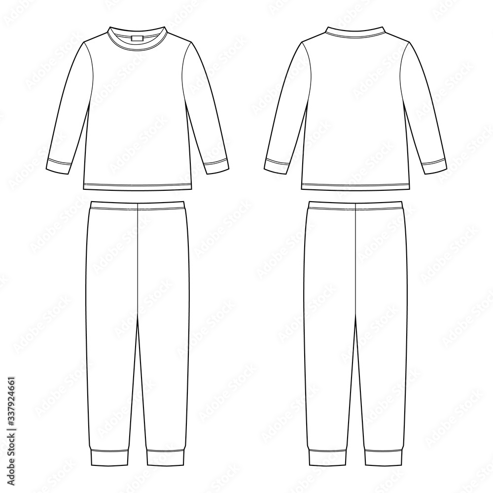 Sticker childrens pajamas technical sketch. cotton sweatshirt and pants. kids nighwear design template