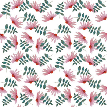 Pattern con dalie rosa e foglie isolate su sfondo bianco