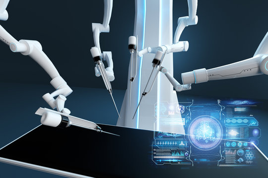 Robot surgeon, robotic equipment. Minimally invasive surgical innovation with three-dimensional overview. technology, the future of medicine, surgeon. 3D render, 3D illustration.