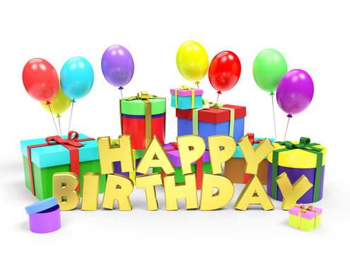 Golden text Happy Birthday among a lot of bright multi colored gift boxes and festive balloons on white background. 3d rendered image