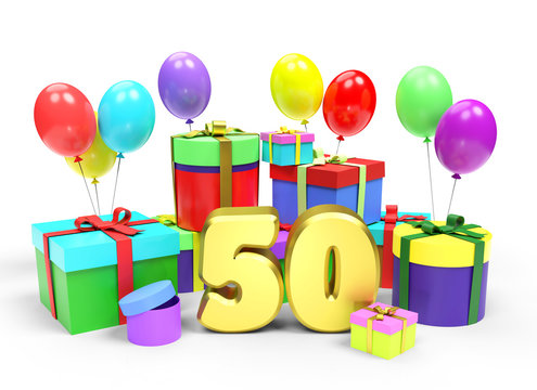 Happy birthday or anniversary. Golden number Fifty among a lot of bright multi colored gift boxes and festive balloons on white background. 3d rendered image