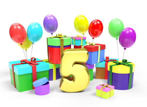 Happy birthday or anniversary. Golden number Five among a lot of bright multi colored gift boxes and festive balloons on white background. 3d rendered image