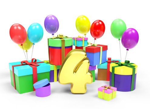 Happy birthday or anniversary. Golden number Four among a lot of bright multi colored gift boxes and festive balloons on white background. 3d rendered image