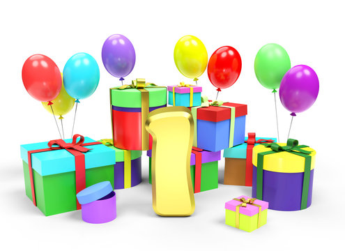 Happy birthday or anniversary. Golden number One among a lot of bright multi colored gift boxes and festive balloons on white background. 3d rendered image