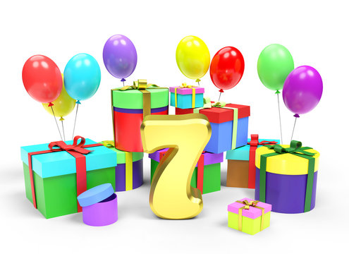 Happy birthday or anniversary. Golden number Seven among a lot of bright multi colored gift boxes and festive balloons on white background. 3d rendered image