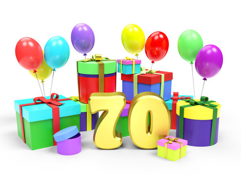 Happy birthday or anniversary. Golden number Seventy among a lot of bright multi colored gift boxes and festive balloons on white background. 3d rendered image