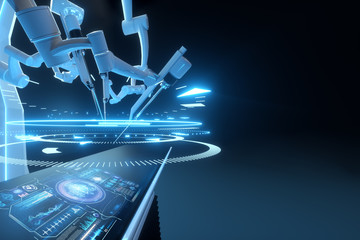 Robot surgeon, robotic equipment. Minimally invasive surgical innovation with three-dimensional overview. technology, the future of medicine, surgeon. 3D render, 3D illustration.