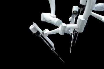 Robot surgeon, robotic equipment, manipulators isolated on a dark background. Technologies, future of medicine, surgery. 3D render, 3D illustration. - obrazy, fototapety, plakaty