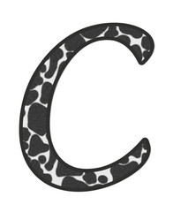 3D illustration Cow black and white print letter C, animal skin fur decorative character C, Bull or Ox pattern isolate in white background has clipping path dicut. Design font wildlife safari concept.