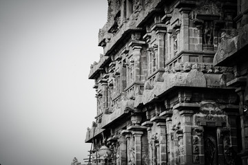 A black and white picture of tanjore temple in south india in tamil nadu