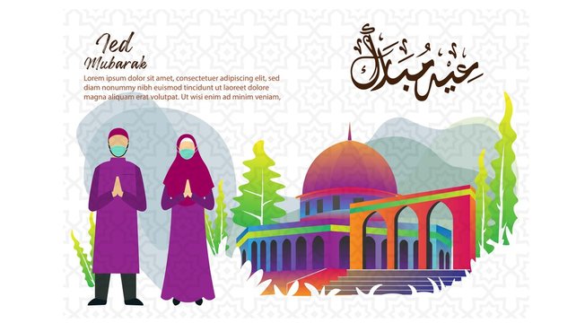 Eid mubarak greeting card background with mosques and Muslims wearing masks. Flat design vector illustration.