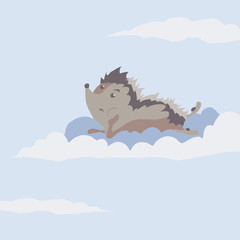 Vector illustration of a hedgehog laying on a cloud and thinking in blue sky