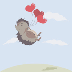 Vector illustration of a hedgehog flying with balloons in blue sky
