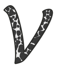 3D illustration Cow Black and white print letter V, animal skin fur decorative character V, Bull or Ox pattern isolate in white background has clipping path dicut. Design font wildlife safari concept.