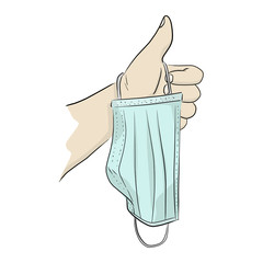 thumb up hand gesture with surgical mask vector illustration sketch doodle hand drawn isolated on white background. Covid-19 situation. Health care concept.