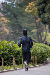 Obraz premium 朝の公園でジョギングしている男性