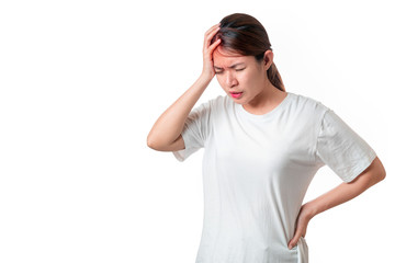Asian woman wear white t-shirt feeling sick have headache with migraine headaches isolate on white...