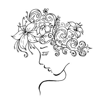 recommend clip art: profile of a girl with flowers in her hair. a wreath of lilies and daisies on the head. vector line art drawing with a contour. isolated on a white. elegant logo for beauty salon. Spa. barbershop.