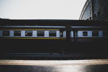 diesel locomotive train stop at public station. old railway station with trains and railway. vintage transportation.