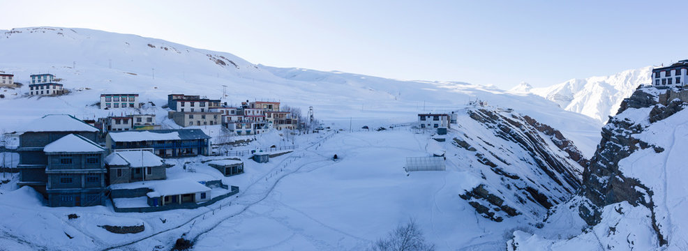 Panoramic village of Kibber village at a height of around 4200 meters in Sipti valley, northern Himalayas.