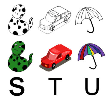 STU alphabet and picture for black and white , and finished color.