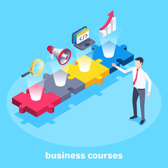isometric vector image on a blue background, multi-colored puzzles with business icons and a man with a red tie pointing to them, business training or courses