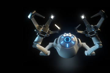 sci fi flying drone with camera or futuristic assembly machine isolated on black background. Future technologies, artificial intelligence. 3D render, 3D illustration.