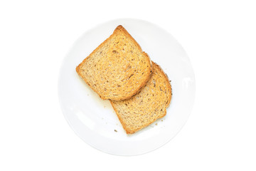 Light plate with two slices of toasted bread isolated on a white background