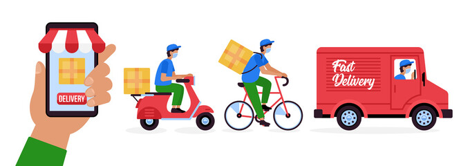 Online delivery sevice concept with courier in face mask on bicycle, motorcycle and truck. Vector illustration