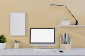 Mock up of workspace with Desktop blank screen. Home office table and yellow wall background.