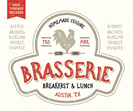 Vintage Fully Hand Drawn Rooster Emblem Including Used Hand Lettered Typeface. Retro Textured Badge in Rustic Rural Style. Font. Alphabet. 