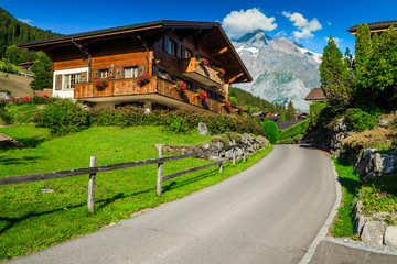 Fototapeta na wymiar Cute wooden houses with flowery gardens in Grindelwald village, Switzerland