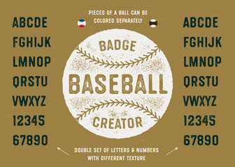 Baseball Badge Creator. Ball Illustration And Vintage Textured Sport Baseball Style Typeface. Varsity Alphabet. Athletic Font. Vector Graphics.