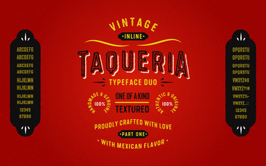 Vintage Textured Typeface Duo with Mexican Flavour "Taqueria". Part One - Inline Style. Mexican Style Font Alphabet. Retro Lettering.