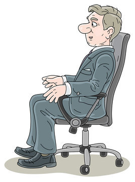 recommend clip art: Successful businessman in gray suit, sitting in an office chair in profile, talking and slightly smiling, looking forward, vector cartoon illustration on a white background
