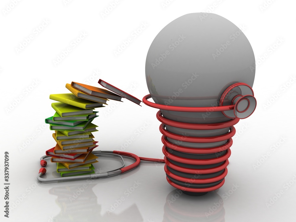 Poster 3d rendering Stethoscope check in bulb with book 