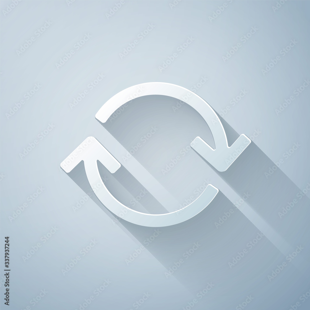Poster paper cut refresh icon isolated on grey background. reload symbol. rotation arrows in a circle sign.