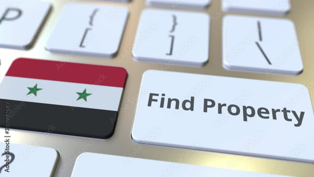 Poster find property text and flag of syria on the keyboard. online real estate service related conceptual 