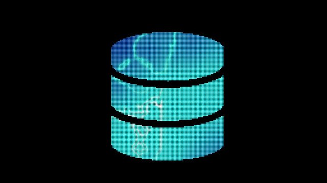 The symbol database is assembled from small balls. Then it shimmers with blue. It crumbles and disappears. In - Out loop. Alpha channel Premultiplied - Matted with color black