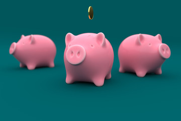 Three pink ceramic piggy bank. Isolated on dark green background. 3d rendering illustration.