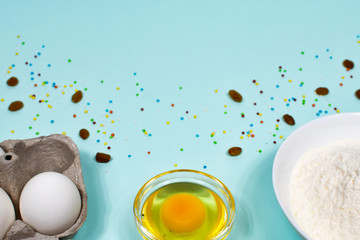 Background with baking ingredients. Flat lay. View from above.